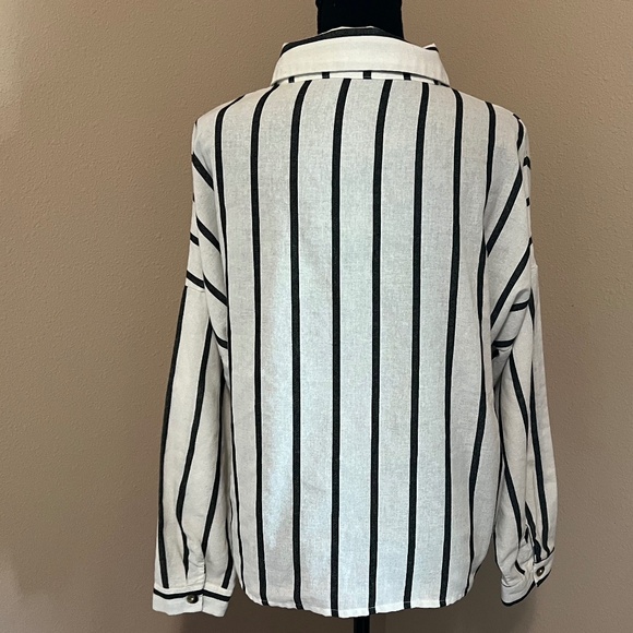 LULUS Amelia Dawn Off-White Striped Long Sleeve Button-Up Top (Size M) - Picture 7 of 16